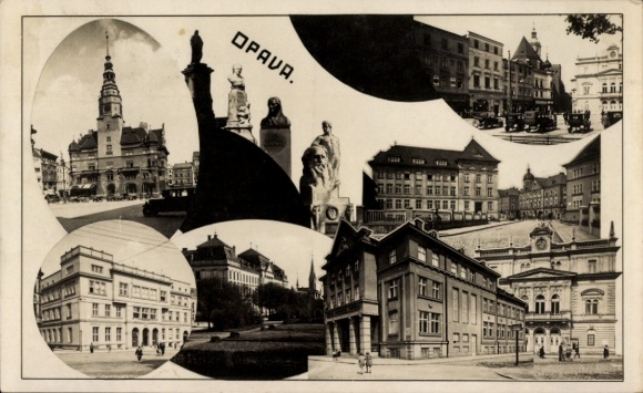 Ak Opava Troppau Region Mährisch Schlesien, Teilansichten, Gebäude, Denkmal
