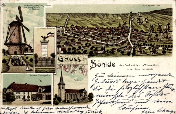 Postcard Hoheneggelsen Söhlde in Lower Saxony, with windmills, local scene, church, congratulations