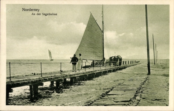 Postcard Nordseebad Norderney East Frisia, sailboat, jetty, clouds, shipping traffic, North Sea