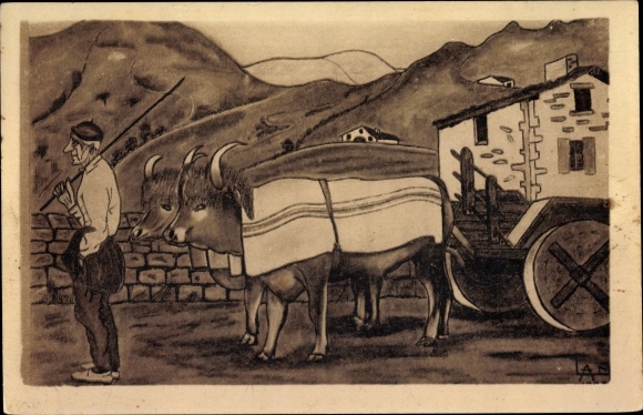 Artist Postcard Type Basque, man with cattle cart