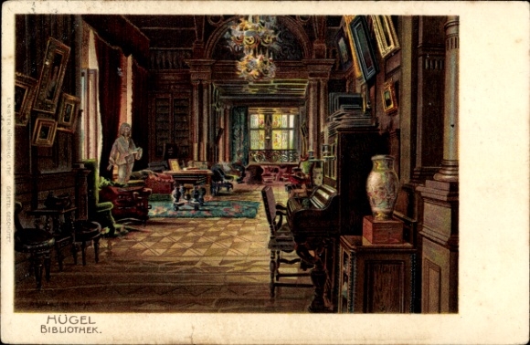 Chromo-Litho Bredeney Essen in the Ruhr area, Villa Hügel, interior view, library