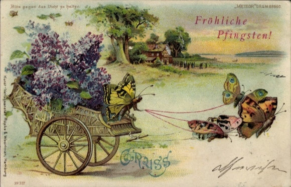 Glitter PC congratulations Pentecost, butterflies, carriage, lilac