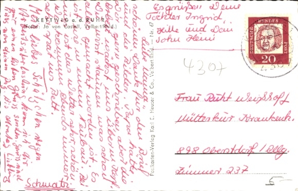 Postcard Kettwig Essen in the Ruhr area, old town, Mühlenteich bridge, campsite, hotel ship Thetis, Ruhr