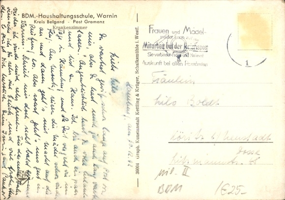 Postcard Warnino Warnin Pomerania, BDM Home Economics School, Sick Room