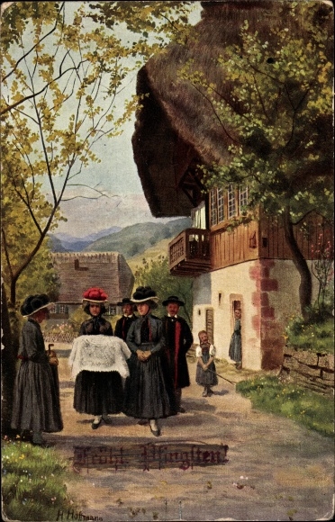 Kunstenaarskaart Hoffmann, H., kinderdoop, vrouwen in Zwarte Woud-kostuum, Berghaus