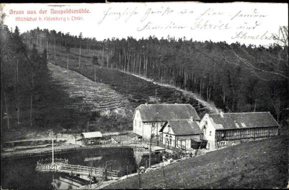 Postcard Eisenberg in Thuringia, with a view of the Paupoldsmühle, forest area, architecture