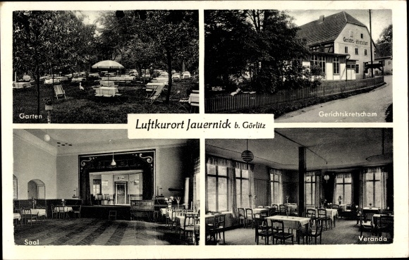 Ak Jauernick Buschbach Markersdorf Oberlausitz, Gerichtskretscham, Garten, Saal, Veranda