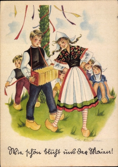 Artist Postcard Kunstmann, Erika, dance under the maypole, accordion, traditional costume, wooden shoes