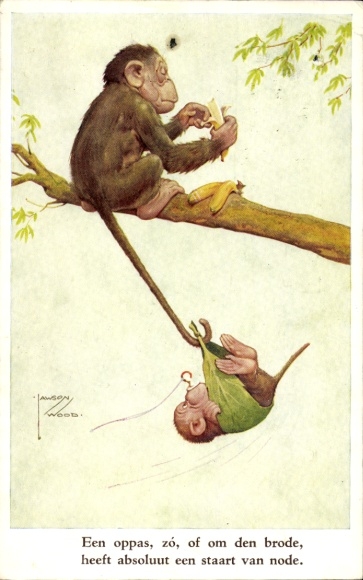 Artist Postcard Wood, Lawson, Monkey on a branch peeling bananas, Monkey child