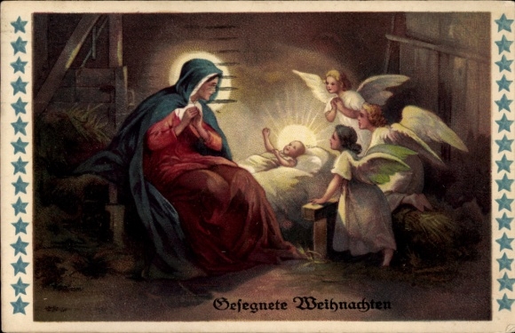 Ak Frohe Weihnachten, Krippenszene, Krippe, Maria, Kind, Engel