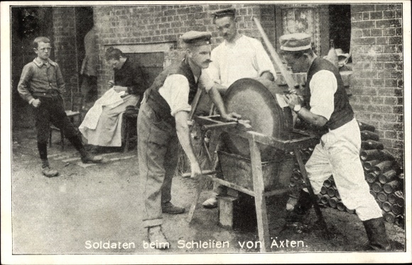 Postcard German soldiers grinding axes