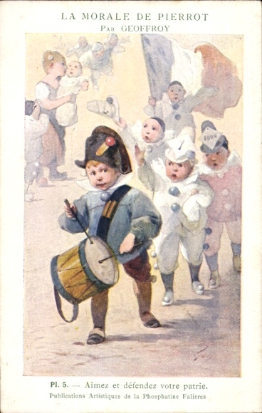 Postcard Dresden Oberpoyritz, La Morale de Pierrot par Geoffroy Pl. 5. Aimez et defense of your patrie.