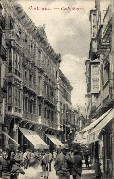 Postcard Cartagena Murcia Spain, Calle Mayor, historic street, narrow, lively atmosphere, elegant...