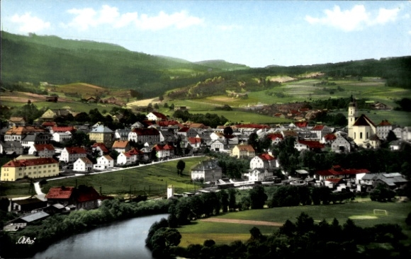 Postcard Viechtach in the Bavarian Forest, Lower Bavaria, town view, river, church, green hilly landscape