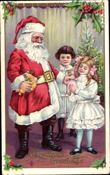 Ak Glückwunsch Weihnachten, Weihnachtsmann, Kinder, Stechpalme