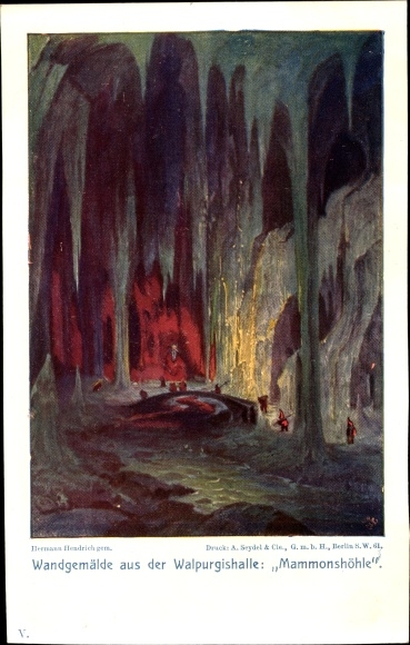 Kunstenaar ansichtkaart Hendrich, Hermann, Thale im Harz, muurschildering in de Walpurgishalle, Mammon's grot