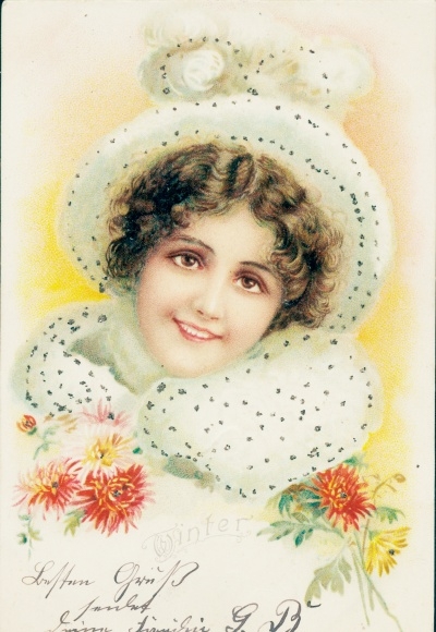 Glitter litho winter, woman portrait, fur hat and collar
