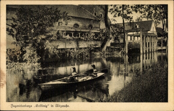 Postcard Alt Zauche Wußwerk in the Spreewald, Erlkönig Youth Hostel, rowing boat