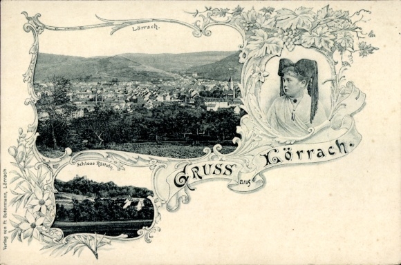 Passepartout Ak Lörrach in Baden, Panorama, Schloss Rötteln, Frau in Tracht