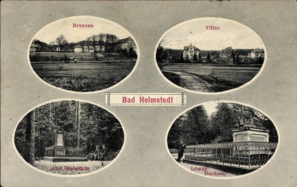 KP Helmstedt w Dolnej Saksonii, fontanna, wille, pomnik lwa, grób