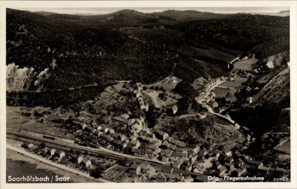 Postcard Saarhölzbach Mettlach in Saarland, aerial photograph