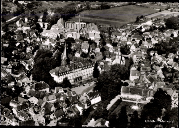 Postcard Erbach in the Odenwald Hesse, aerial view of Erbach, Odenwald, many houses, trees, streets