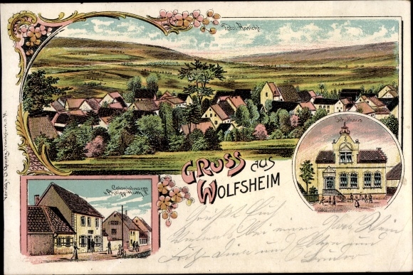 litho Wolfsheim Rheinhessen, schoolgebouw, kruidenierswinkel, totaaloverzicht