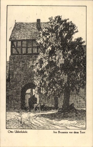Kunstenaar Ak Ubbelohde, Otto, Bij de fontein voor de poort