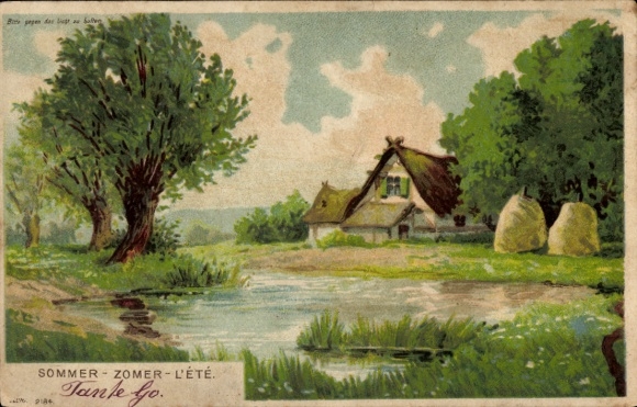 Hold to Light Artist Chromo-Litho Summer, riverside with country house