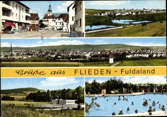 Postcard Flieden in the Fulda district in Hesse, outdoor swimming pool, church, town view