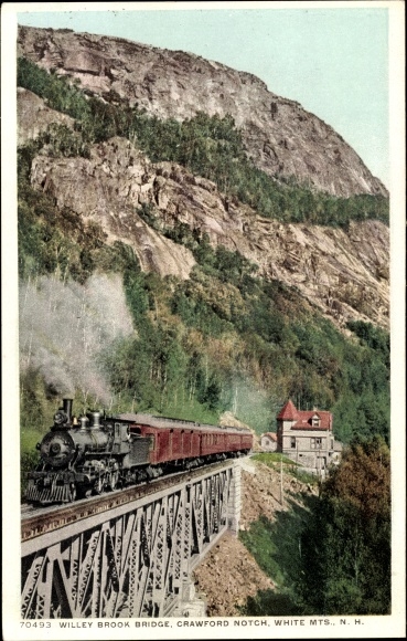 Postcard White Mountains New Hampshire, Willey Brook Bridge, Crawford Notch