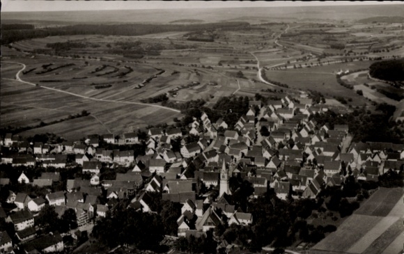 Postcard Gechingen in the Black Forest, aerial view of a village, many houses with red roofs, fields, W