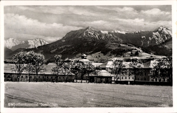 Postcard Sonthofen in the Oberallgäu Swabia, Karpathenkaseme snow landscape, mountains in the background