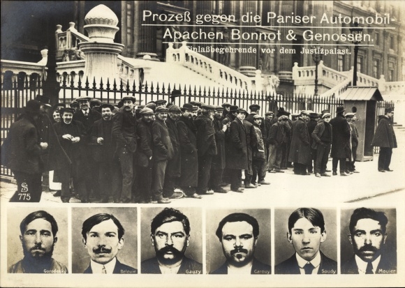Postcard process against the Paris automobile Apaches, Bonnot gang, bank robbers, portraits