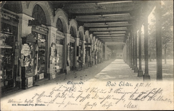 Postcard Bad Elster in Vogtland, colonnade, shops, lending library