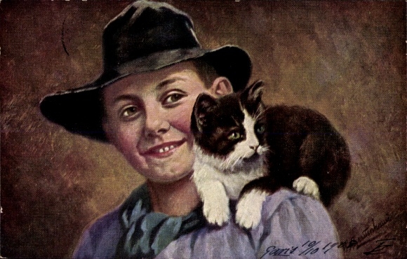 Künstler Ak Gerstenhauer, Johann Georg, Junge mit Katze