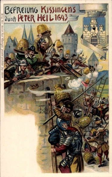 Künstler Litho Scheuermann, Bad Kissingen Unterfranken, Befreiung Kissingens durch Peter Heil 1643