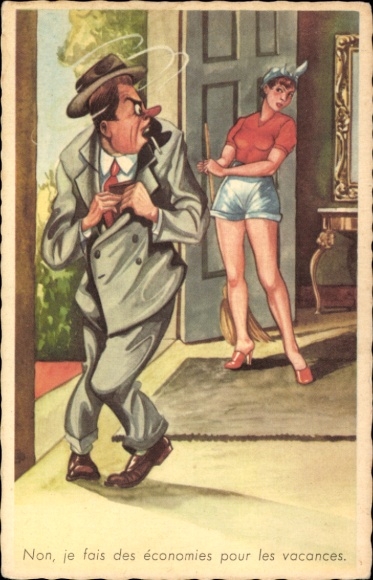 Ak Mann verlässt sein Haus, Frau an der Tür, Besen, Zigarette