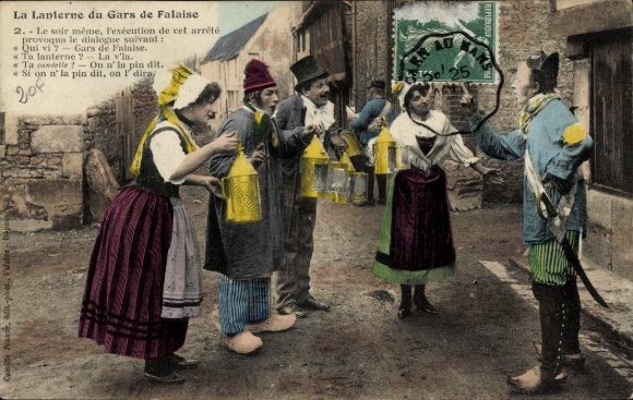 Postcard Calvados France, French costume, Normandy, people with lanterns