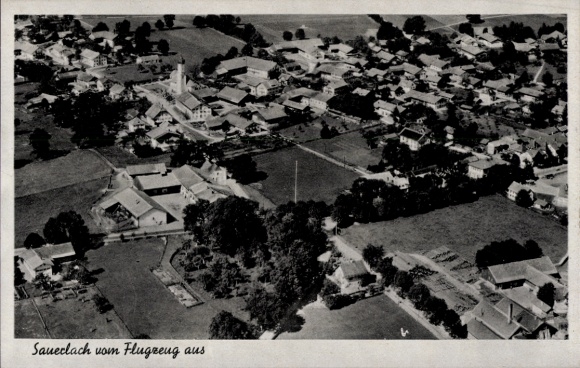 Postcard Sauerlach in Upper Bavaria, aerial view of many houses, fields and trees