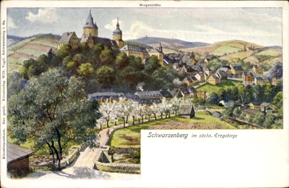 Artist Postcard Schwarzenberg in the Ore Mountains Saxony, Panorama with Morgenleithe