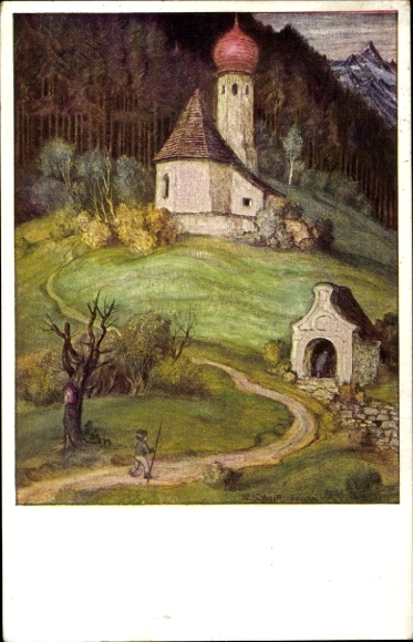 Artist Postcard Schiestl, Matthäus, landscape, church, mountain chapel