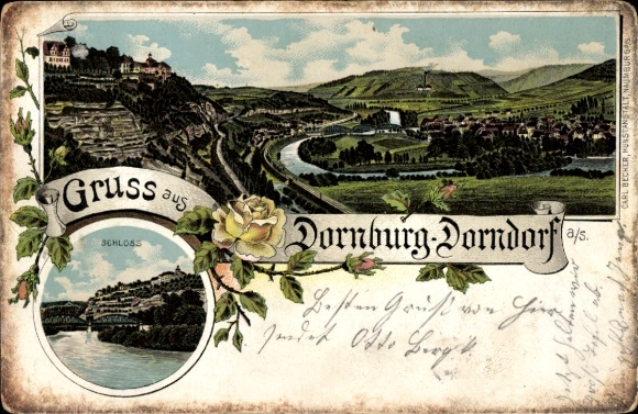 Chromo-Litho Dornburg Dorndorf Camburg in Thuringia, general view, castle