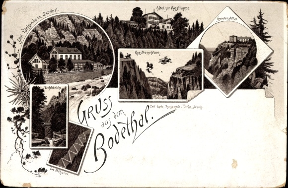 Forerunner Chromo-Litho Thale in the Harz Mountains, Hotel Königsruhe, Rosstrappe, Hexentanzplatz, Teufelsbrücke, Schurre