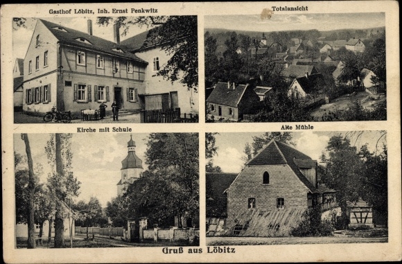 KP Löbitz Mertendorf w Burgenlandkreis, widok ogólny, szkoła, stary młyn, zajazd