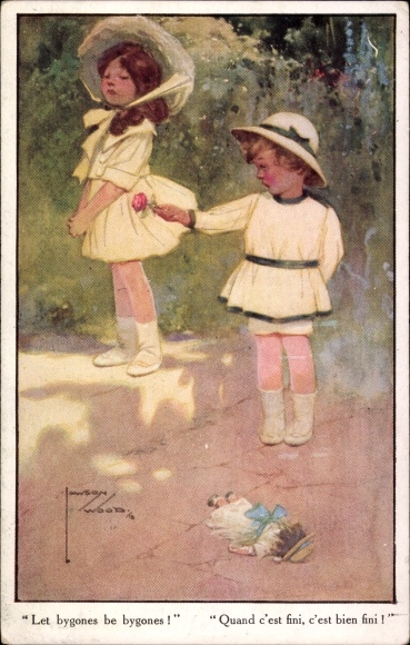 Artist Postcard Wood, L., lovers, rose, gift, doll