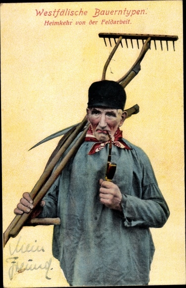 PC Westphalian farmer in traditional costume comes from the field, smoking pipe