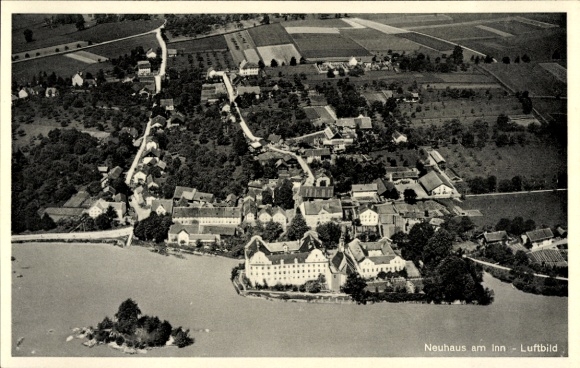 Postcard Neuhaus am Inn Lower Bavaria, aerial view, water and houses, rural surroundings