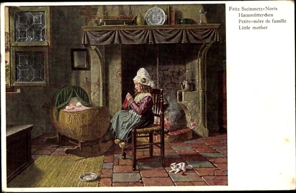 Artist Postcard Steinmetz-Noris, F., Housewife, Girl Knitting