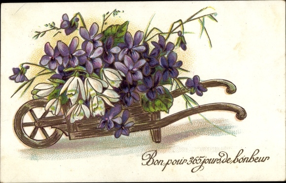 Embossed PC violets, wheelbarrow, snowbells, kitsch